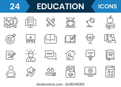 Education icon vector and Learning thin line icons vector set. University, textbook, editable learning, school, collage, book, bag symbol. Vector illustration.