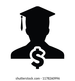 Education icon vector male person profile avatar with dollar symbol for student loan in flat color glyph pictogram illustration