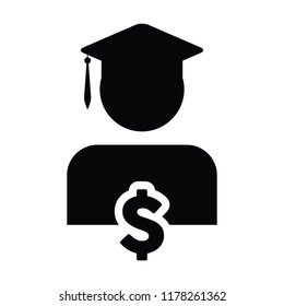 Education icon vector male person profile avatar with dollar symbol for student loan in flat color glyph pictogram illustration
