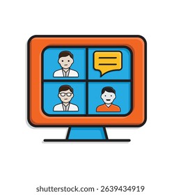 education icon. Virtual Classroom. Monitor displays three student faces and or chat bubbles. smart, learning, clever. isometric design style