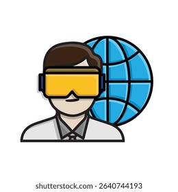 education icon. VR or AR in Education. Student wearing VR with world symbol behind him. smart, learning, clever. isometric design style
