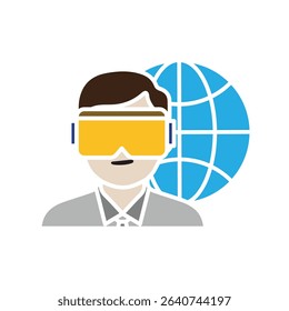 education icon. VR or AR in Education. Student wearing VR with world symbol behind him. smart, learning, clever. Flat design style