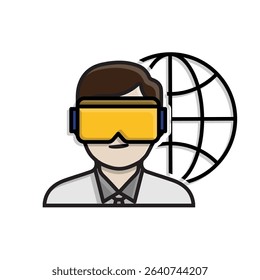 education icon. VR or AR in Education. Student wearing VR with world symbol behind him. smart, learning, clever. Mixed design style