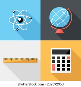 Education icons. Atom icon, Globe icon, Ruler icon, Calculator icon. Flat design style modern vector illustration. Isolated on stylish color background. Flat long shadow icon. Elements in flat design.