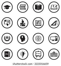 Education Icons. Black Flat Design In Circle. Vector Illustration.
