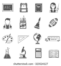 Education icons black set with globe school bus and book isolated vector illustration