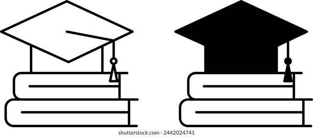 Education icons. Black and White Vector Icons of Graduation Hat and Books. School, Courses, Seminar, Training. Learning New Skills. Workshop concept