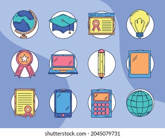 education icons bundle over blue