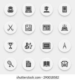 Education icons with buttons on gray background.