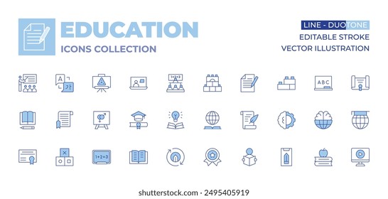 colección de iconos de Educación. Video Estilo Duotone de línea, trazo editable. bloques, inteligencia artificial, aprendizaje en línea, pizarra, conocimiento,