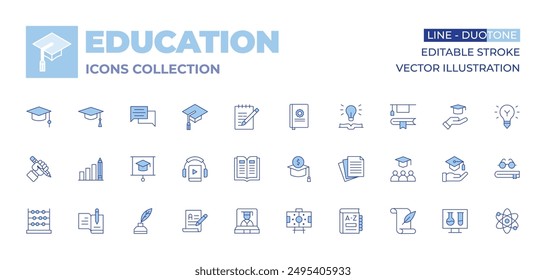 Education icons collection. Line Duotone style, editable stroke. graduation cap, bar chart, literature, audiobook, writing, pencil, mortarboard, abacus, write, education, consultation.