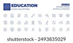 Education icons collection. Thin Line icons, editable stroke. blocks, artificial intelligence, microscope, language, bible, knowledge, pulley, precision, write, thesis, friction, education.