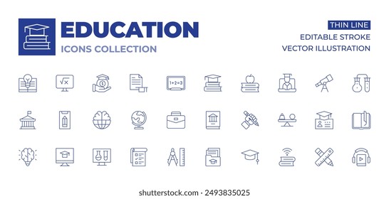 colección de iconos de Educación. Iconos de línea fina, trazo editable. carrera, arquitectónica, tareas, lápiz, mortero, globo, carpeta, educación, mundo, tubo de prueba.