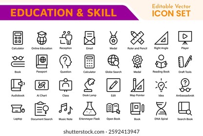 Education Icons Collection. Vector-Based Icons for School, College, Learning Resources, Study, and Teaching Tools