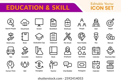 Education Icons Collection. Vector-Based Icons for School, College, Learning Resources, Study, and Teaching Tools