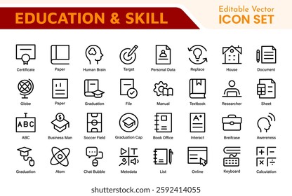 Education Icons Collection. Vector-Based Icons for School, College, Learning Resources, Study, and Teaching Tools