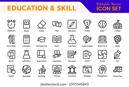 Education Icons Collection. Vector-Based Icons for School, College, Learning Resources, Study, and Teaching Tools