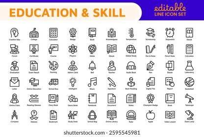 Education Icons Collection. Vector-Based Icons for School, College, Learning Resources, Study, and Teaching Tools