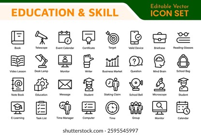 Education Icons Collection. Vector-Based Icons for School, College, Learning Resources, Study, and Teaching Tools