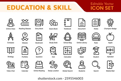 Education Icons Collection. Vector-Based Icons for School, College, Learning Resources, Study, and Teaching Tools