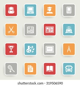 Education icons with color buttons on gray background.