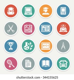 Education icons with color buttons on gray background.