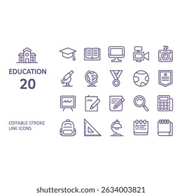 Education icons depicting tools to learn grow and achieve great things simple outline vector style
