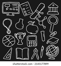 education icons. Doodle vector with education and school icons on black background. Vintage education pattern