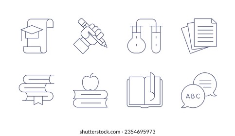 Iconos educativos. Trazo editable. Con graduación, lápiz, químico, papel, libros, conocimiento, lingüística.