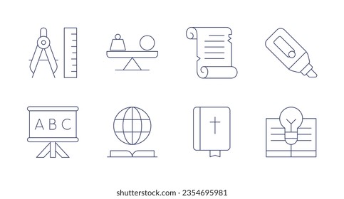 Education icons. Editable stroke. Containing architectural, mass, ancient scroll, marker, teaching, knowledge, bible.