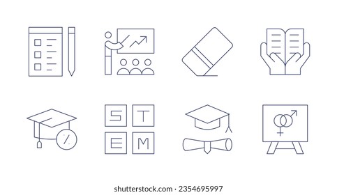 Education icons. Editable stroke. Containing exam, training, eraser, education, stem, sex education.