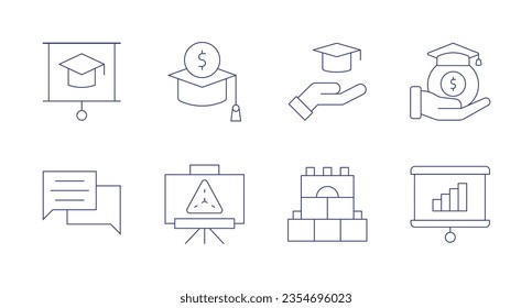 Iconos educativos. Trazo editable. Con educación, beca, consulta, presentación, construcción.