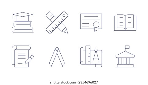 Education icons. Editable stroke. Containing education, ruler, diploma, reading, conspectus, precision, compass, political science.