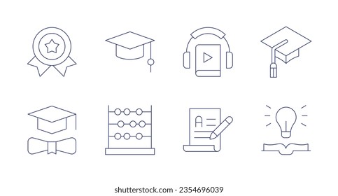Bildungs-Symbole. Bearbeitbarer Strich. Mit Auszeichnungen, Mörtel, Hörbuch, Graduierungsmütze, Abacus, Schreiben, Idee.