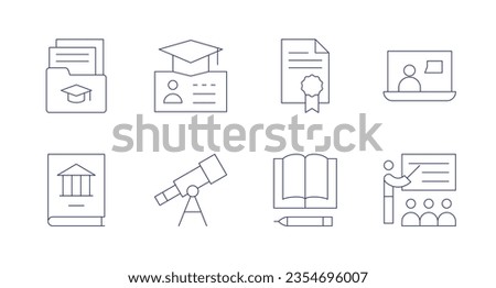 Education icons. Editable stroke. Containing folder, visa, file, virtual class, education, telescope, teaching.