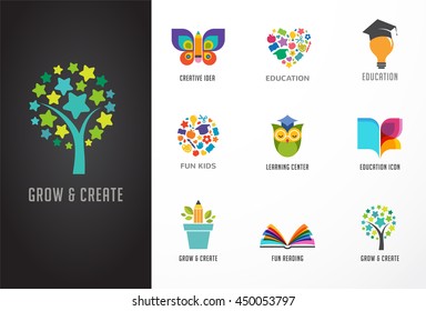 Education icons, elements set. Book, student hat, owl and tree symbols