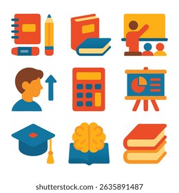 Education icons featuring nine colorful designs for academic projects. Perfect for educational websites, school presentations, and elearning materials.