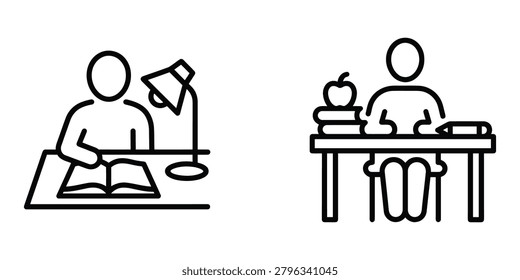 Education icons featuring student studying with lamp and desk setup education learning academic