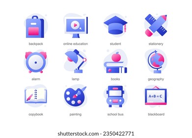 Education icons in a flat cartoon design with blue colors. Books, globes and various formulas - all these attributes of schoolchildren, which are depicted in a cartoon style. Vector illustration.