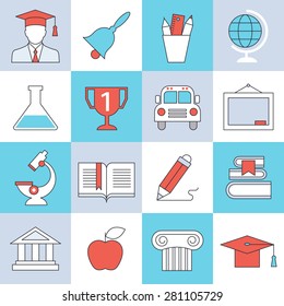 Education icons, flat design, thin lines and light color style