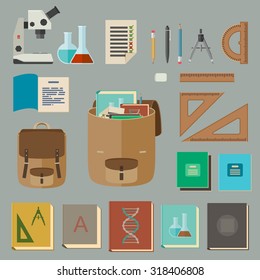 Education icons in flat style. Vector school equipment.