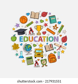 Education icons in the form of a circle.With:hat graduate,scroll, apple,books,alarm clock, briefcase, backpack,bus,globe,ruler,microscope