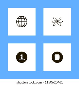education icons. globe, notebook pencil, paper clip and atom vector icons set