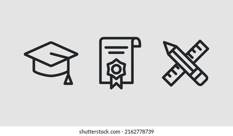 Education icons. Graduation cap, diploma certificate, crossed ruler and pencil icons isolated on grey background. Icons for web design, app interface. Vector illustration