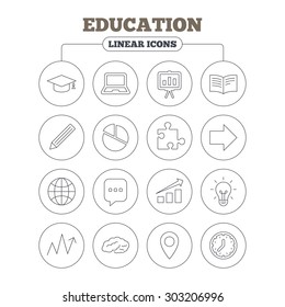 Education icons. Graduation cap, pencil and book symbols. Notebook, presentation and speech bubble thin outline signs. Pie chart, piece of puzzle and arrow. Circle buttons on white. Vector