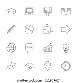 Education icons. Graduation cap, pencil and book symbols. Notebook, presentation and speech bubble thin outline signs. Pie chart, piece of puzzle and arrow. Outline line icons on white background.