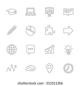 Education icons. Graduation cap, pencil and book symbols. Notebook, presentation and speech bubble thin outline signs. Pie chart, piece of puzzle and arrow. Outline line icons on white background.