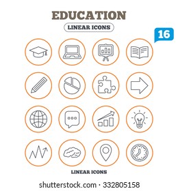 Education icons. Graduation cap, pencil and book symbols. Notebook, presentation and speech bubble thin outline signs. Pie chart, piece of puzzle and arrow. Circle buttons on white. Vector
