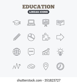 Education icons. Graduation cap, pencil and book symbols. Notebook, presentation and speech bubble thin outline signs. Pie chart, piece of puzzle and arrow. Linear icons on white background.