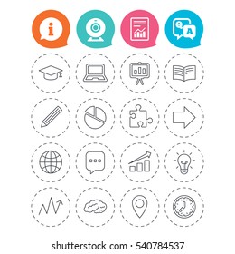 Education icons. Graduation cap, pencil and book symbols. Notebook, presentation and speech bubble thin outline signs. Pie chart, piece of puzzle and arrow. Information, question and answer icons